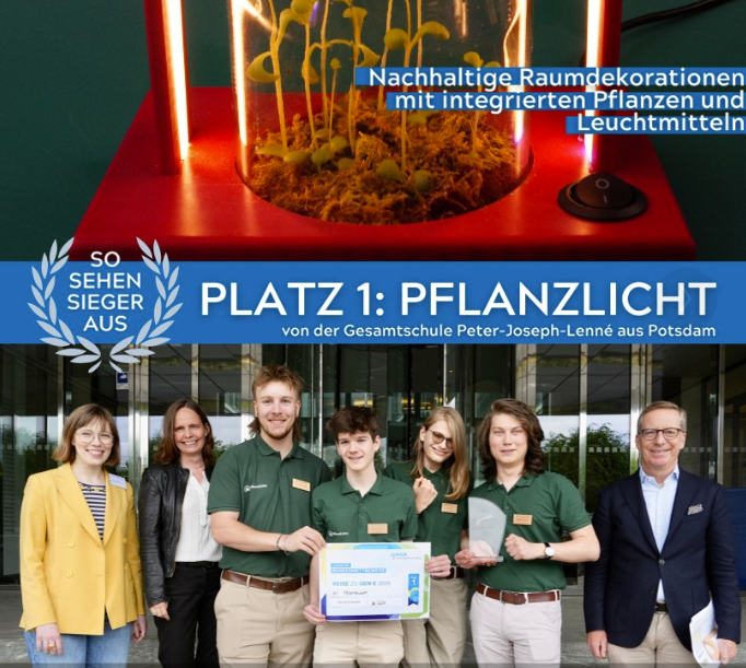 Foto: Sieger 1. Platz, nachhaltige Raumdekoration mit integrierten Pflanzen und Leuchtmitteln,, Gewinnerteam "PflanzLicht", Michael Hüther (Direktor Institut der deutschen Wirtschaft), Foto von Stephen Petrat