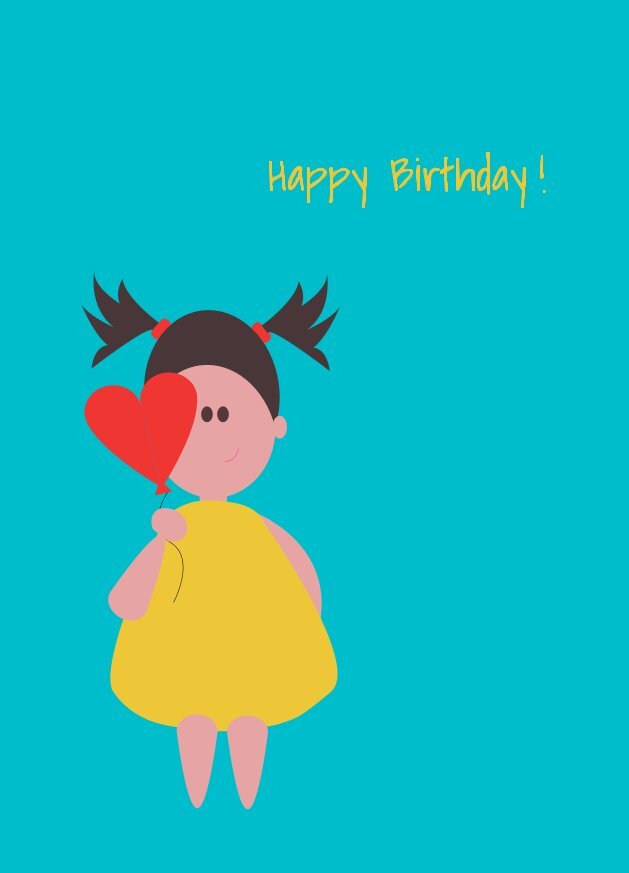 Gemaltes Mädchen mit braunen Haaren in  zwei Zöpfen an der Kopfseite, hält einen Herzluftballon und trägt ein gelbes Kleid. Schrift in Gelb "Happy Birthday!"
