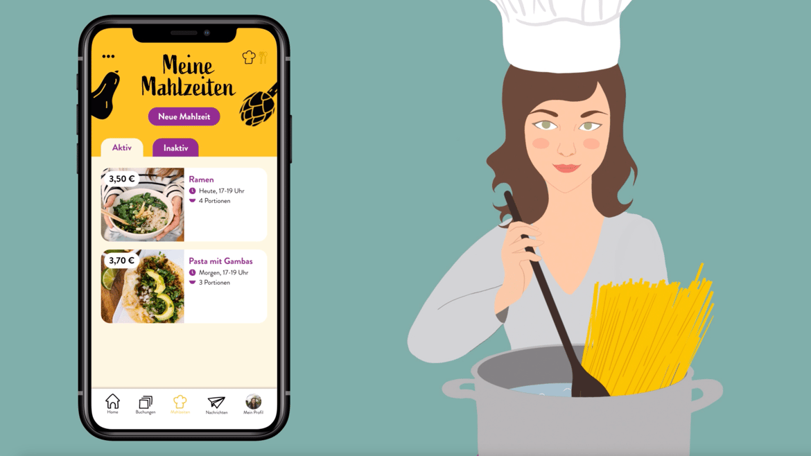 Mit Liebe gekochte Mahlzeiten entdecken und erwerben. Ansicht eines App Bildschirms