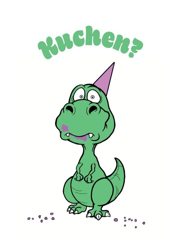 Dino mit Partyhut der traurig schaut (in grün) mit Überschrift (auch in grün) "Kuchen?"