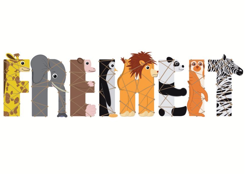 Das Wort "FREIHEIT", jeder Buchstabe ist ein gemaltes TIer. (V.l. Giraffe, Elefant, Affe, Pingui, Kamel, Panda, Erdmännchen,  Zebra)