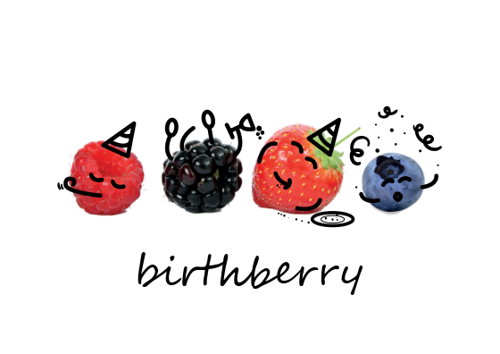 Eine Himbeere, Brombeere, Erdbeere und Heidelbeere mit aufgemalten Partyhütten und der Unterschrift 